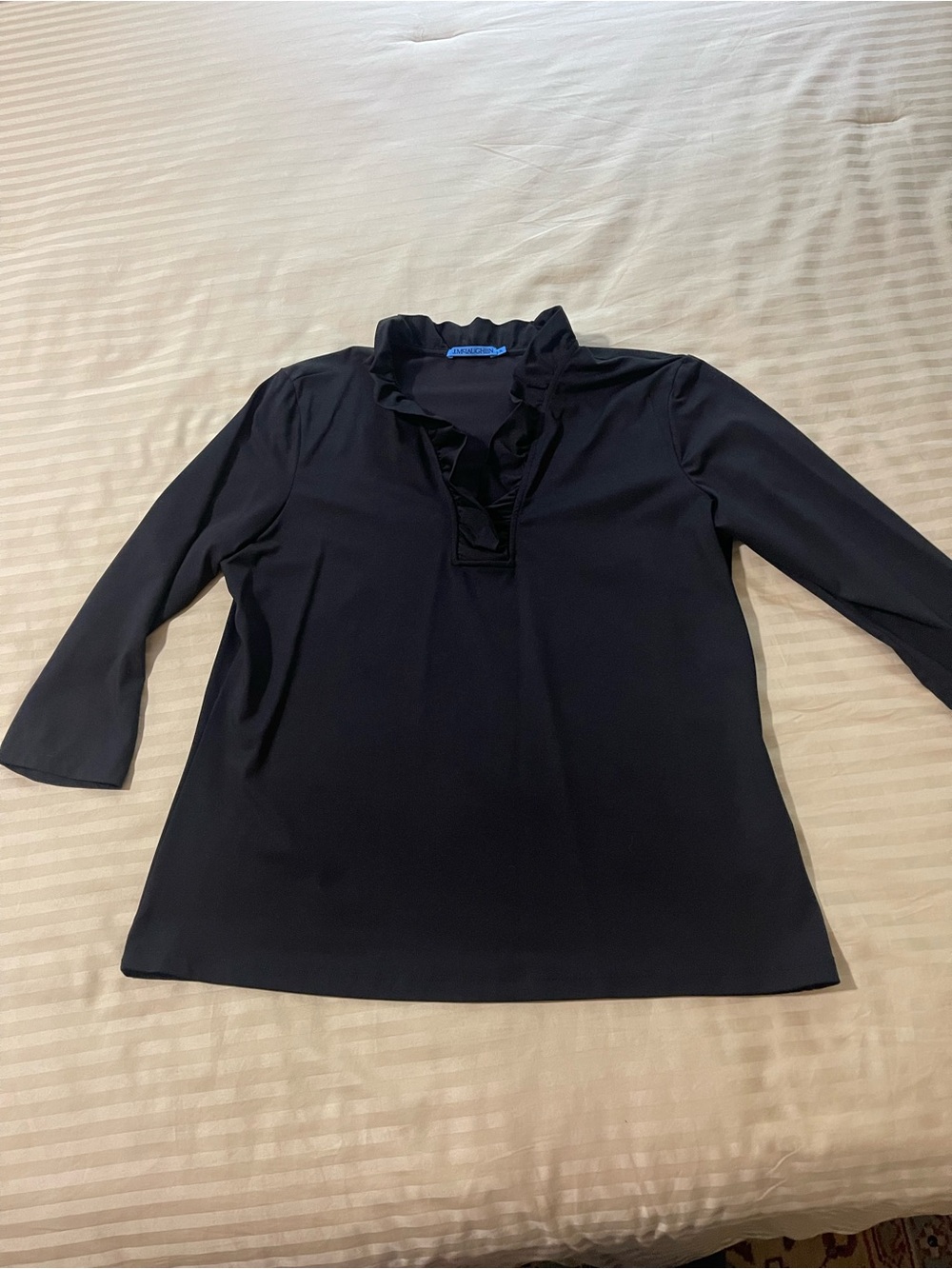 J. McLaughlin Black Ruffle V-Neck 3/4 Sleeve Blouse